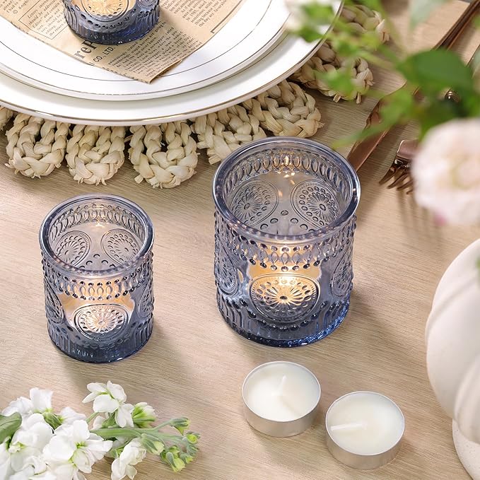 Volens 20pcs Assorted Blue Votive Candle Holders with 20pcs Tealight Candles, Large Glass Votive & Tea Light Candle Holder for Wedding Table Centerpieces, Christmas Party Decorations, Fall Home Decor