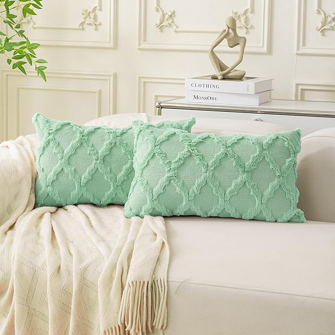 Set of 2 Soft Moroccan Throw Pillow Covers 12x20 Inch Plush Boho Decorative Pillow Cover Accent Cushion Case for Couch Sofa Bed, Sage Green