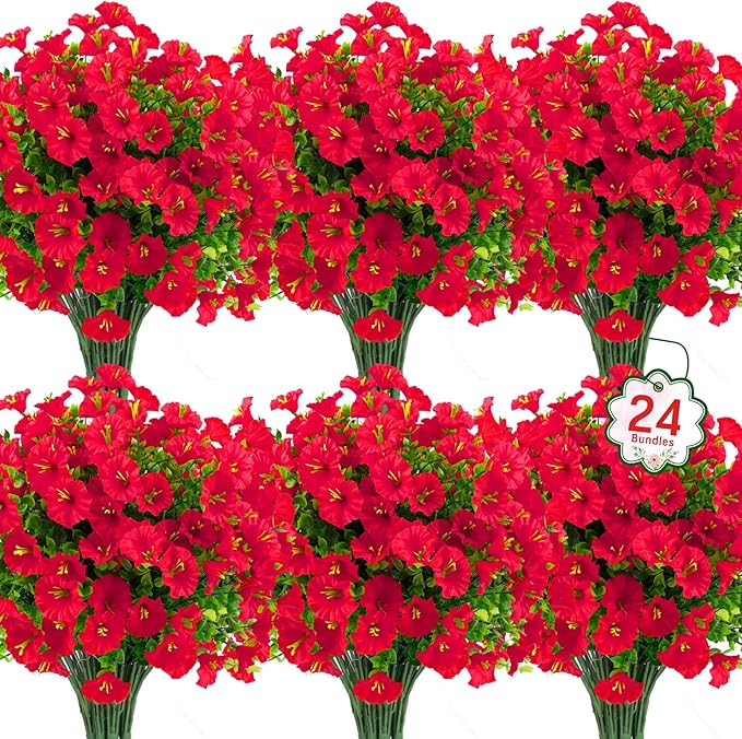 Ouddy Decor 24 Bundles Artificial Flowers for Outdoors Decoration Fake Silk Morning Glory Flowers Faux Eucalyptus Plants UV Resistant for Porch Patio Garden Spring Summer Home Decor, Red