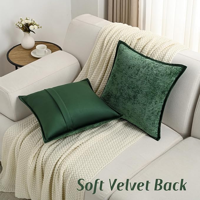 FUTEI Dark Green Chenille Throw Pillow Covers 26x26 Inch Set of 2,Soft Cozy Bound Edge Design Euro Pillow Sham,Home Decor for Couch Bed Living Room