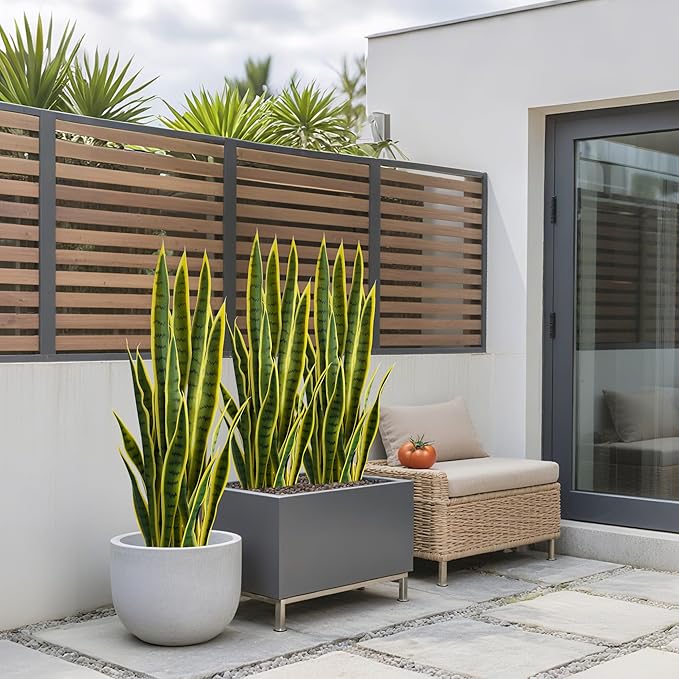 Fake Snake Plant 3ft Tall Faux Sansevieria with 24 Realistic Leaves UV Resistant Potted 2 Pack Fake Mother in Law's Tongue Plants for Indoor Outdoor Home Office Bedroom or Patio Decoration, Yellow