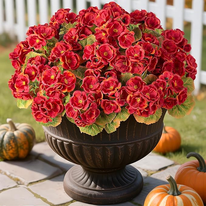 Fake Fall Flowers Artificial for Outdoors Decoration, 6 Bundles Faux Geranium Silk Flower Outside UV Resistant No Fade Artificial Floral for Home Garden Balcony Indoor Table Centerpieces Decor