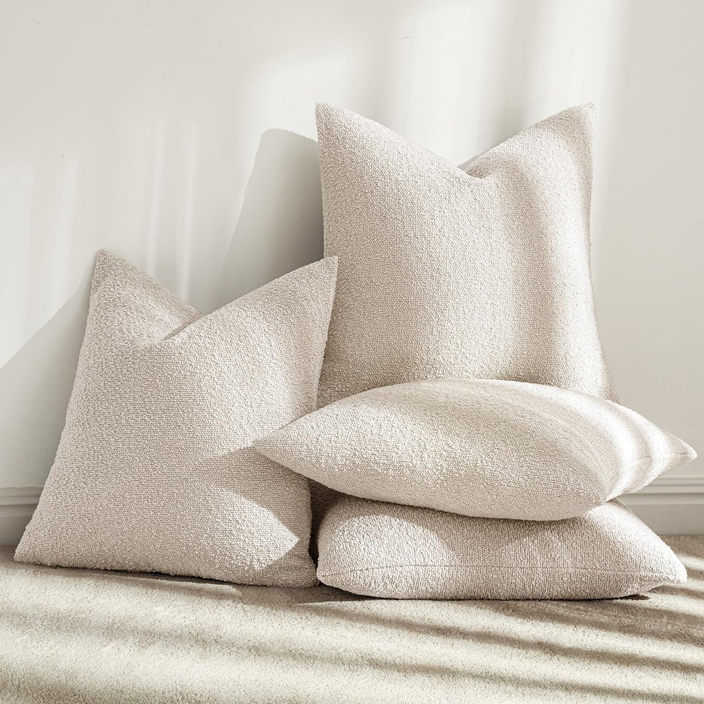 MIULEE Pack of 4 Decorative Textured Boucle Throw Pillow Covers 18x18 Inch Beige Accent Solid Pillow Cases Soft Couch Cushion Covers for Modern Farmhouse Boho Chair Sofa Bed Livingroom Home Decor