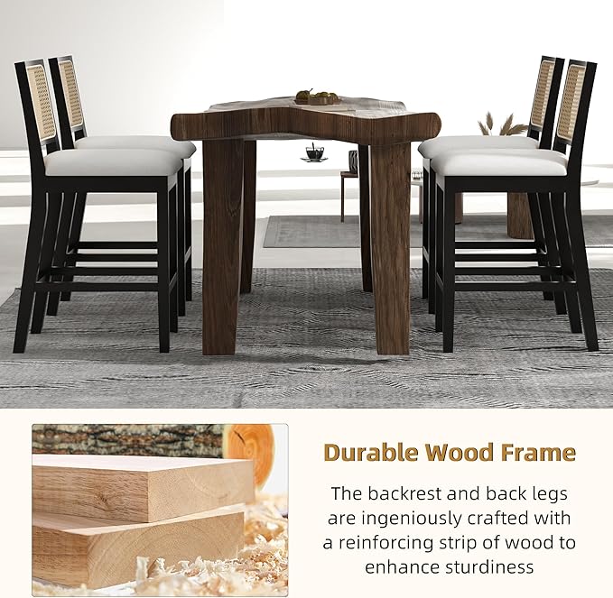 Westice Rattan Bar Stools Set of 2, 26" Farmhouse Counter Height Stools with Cane Back and Wood Frame, Upholstered Line Fabric Seat Cushion, Wooden Chairs for Kitchen Island/Pub, Black