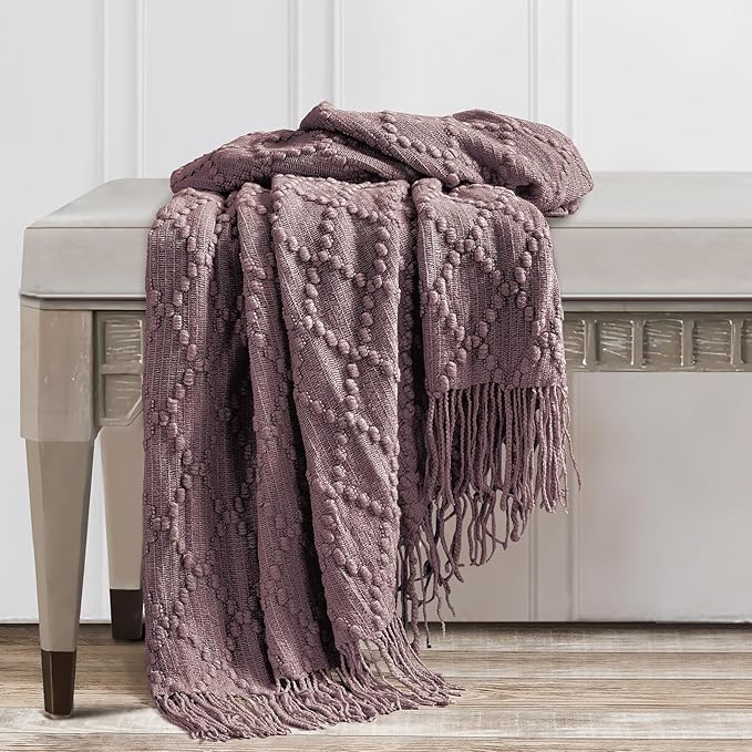 BOURINA Dark Lavender Throw Blanket 50 x70 Inches Jacquard Argyle Throw Textured Solid Soft Throws and Blankets for Sofa or Bed Knitted Decorative Blanket