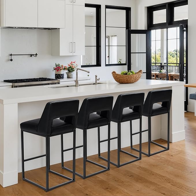 Black Bar Stools Set of 4 for Kitchen Counter Counter Height Modern Bar Chairs with Backs for Kitchen Island with Upholstered Faux Leather Seat and Metal Frame, 26 Inch