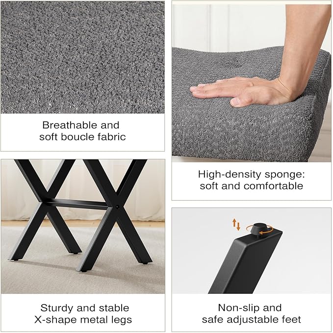 18-Inch Large Vanity Stool Chair, Vanity Bench with Metal X-Legs, Ottoman Accent Stool with Breathable and Soft Boucle Fabric Saddle Seat, Grey