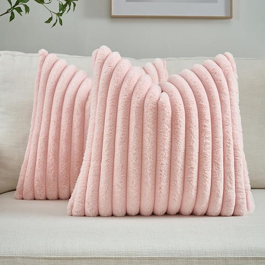 FUTEI Pink Striped Decorative Throw Pillow Covers 18x18 Inch Set of 2,Square Fall Decorations Couch Pillow Case,Soft Cozy Faux Rabbit Fur & Velvet Back,Modern Home Decor for Bed