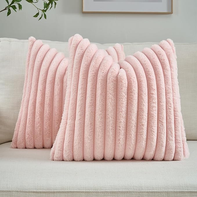 FUTEI Pink Striped Decorative Throw Pillow Covers 22x22 Inch Set of 2,Square Fall Decorations Couch Pillow Case,Soft Cozy Faux Rabbit Fur & Velvet Back,Modern Home Decor for Bed