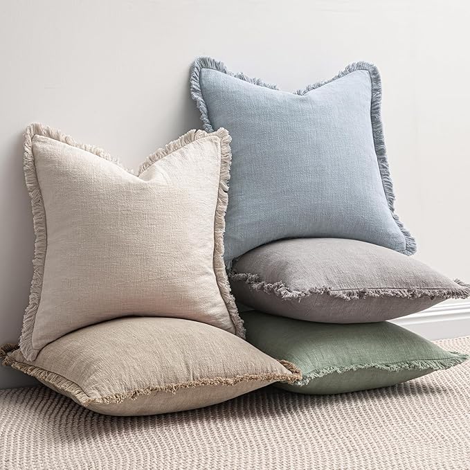 MIULEE Decorative Throw Pillow Covers Neutral Linen Fringe Throw Pillows Set of 2 Sky Blue Boho Farmhouse Cushion Covers for Couch Sofa Bed Living Room Spring Home Decor 20x20 Inch