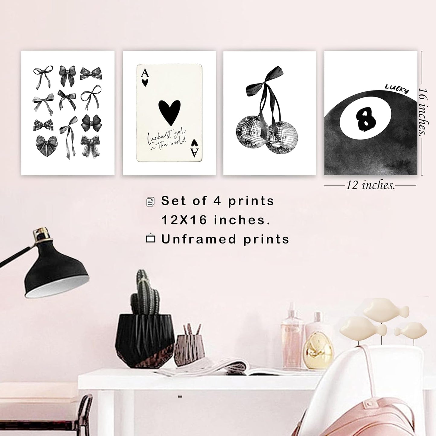 okaxscm Black Coquette Trendy Preppy Wall Art Prints Set of 4, Coquette Room Decor, Preppy Room Decor Aesthetic, Black Bow Disco 8 Ball Cherry Wall Decor Posters for Girls Bedroom Dorm, 12x16 Unframed