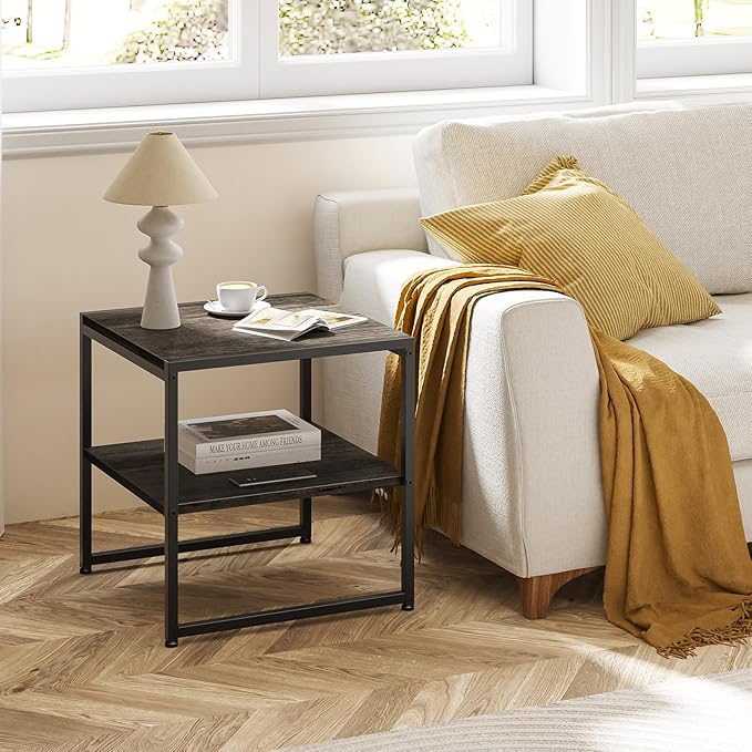 Tatub 20" End Table with Charging Station, Industrial Square Side Table with USB Ports & Outlets, Versatile 2-Tier Small Nightstand for Bedroom Living Room, Grey