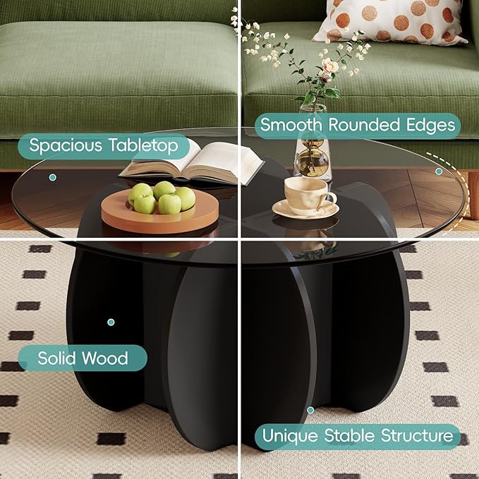 Coffee Table for Living Room Mid Century Modern Round Center Table with Glass Top, Black