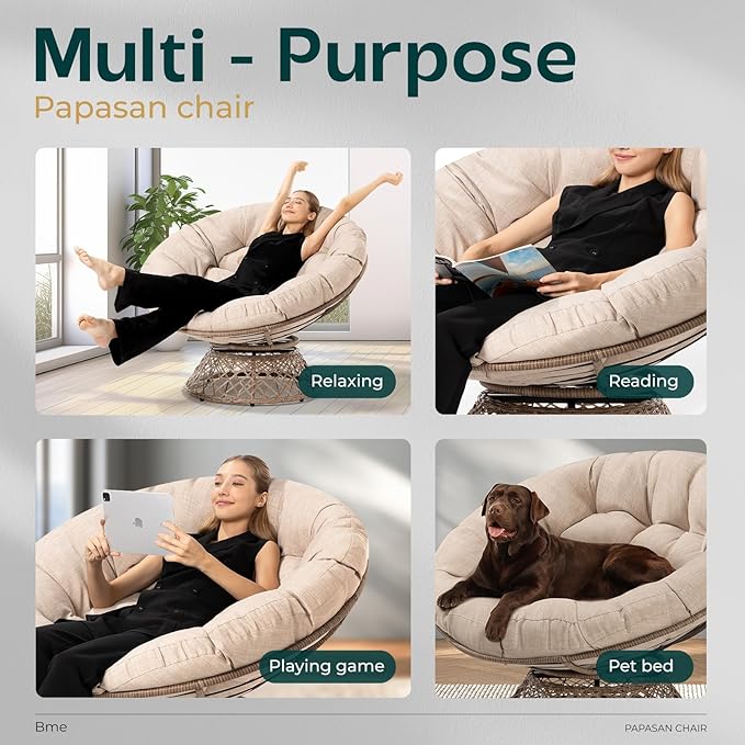 Bme 46" Large Size Ergonomic Wicker Papasan Chair with Soft Thick Density Fabric Cushion, Bee-Designed Base, High Capacity Steel Frame, 360 Degree Swivel for Living, Bedroom,...