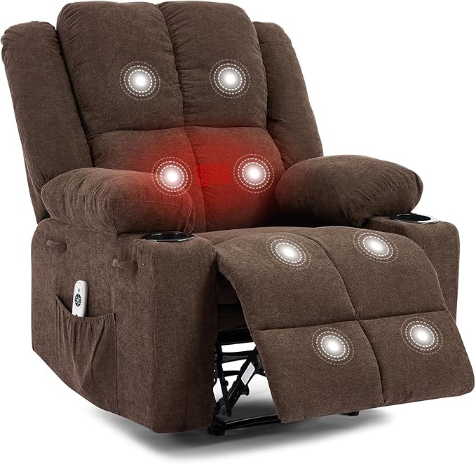 Manual Recliner Chair with Heating & Massage,Ergonomic Overstuffed Breathable Fabric Reclining Chair with Side Pockets,Q235 Steel Frame Lazy Boy Recliner Single Sofa for Living Room Bedroom