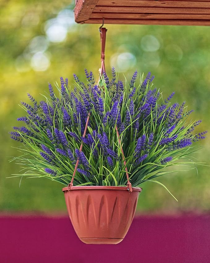 ZINHO 24 Bundles Artificial Flowers Outdoor, Faux Lavender Flowers with Grass UV Resistant Artificial Plants for Outdoor Outside Hanging Planter Window Box Garden Patio Front Porch Decor