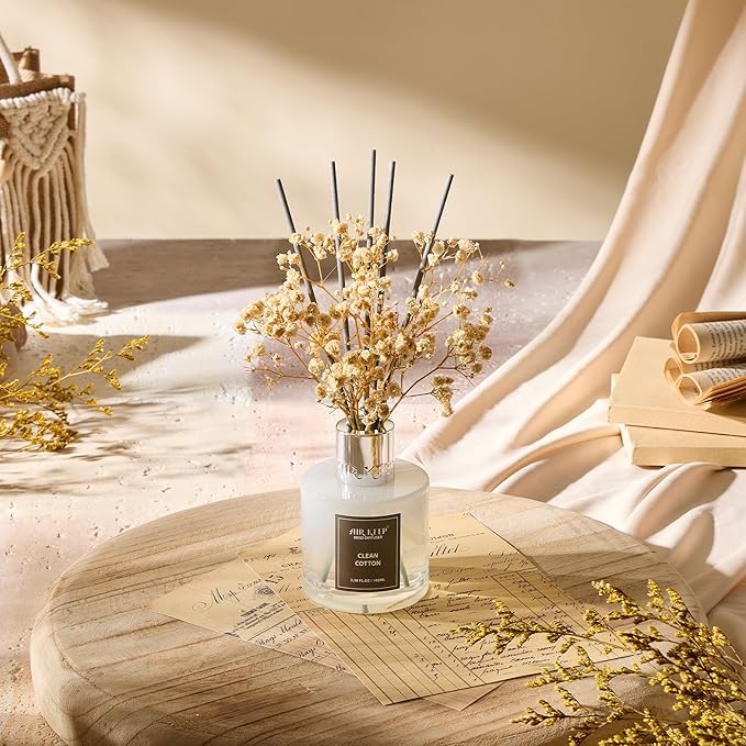Airkeep Reed Diffuser Set,3.38 fl oz (100 ml) - Clean Cotton Oil Diffusers with 8 Reed Sticks, Home Fragrance Reed Diffuser for Bathroom Shelf Decor