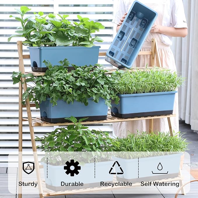 Window Box Planter 8 Pcs, 17 Inches Rectangle Flower Pots with Drainage Holes and Trays, Vegetable Planters for Windowsill Patio Garden Balcony Home Porch Yard Indoor Outdoor (Blue)