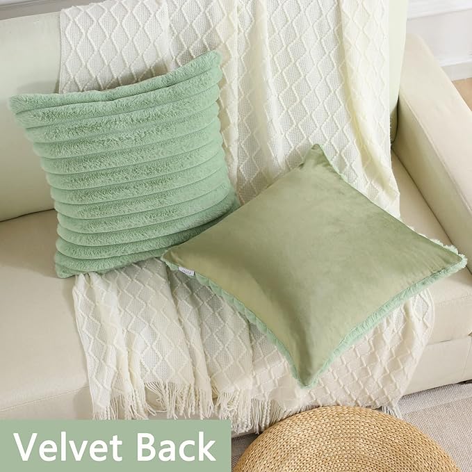 FUTEI Sage Green Striped Decorative Throw Pillow Covers 14x14 Inch Set of 2,Square Fall Decorations Couch Pillow Case,Soft Cozy Faux Rabbit Fur & Velvet Back,Modern Home Decor for Bed