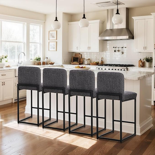 ALPHA HOME 24" Bar Stools Set of 4 Kitchen Counter Stools with Back, Counter Height Stools with Upholstered Footrest for Kitchen Island, Metal Steel Frame, Chenille, Darkgray