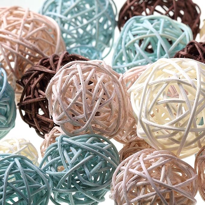 Patelai 36 Pcs Wicker Rattan Balls Decorative Balls for Vase Centerpiece Bowls Orbs Filler for Home Decor,4 Sizes(Blue, Brown, Dark Brown, White)