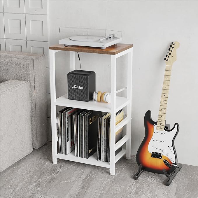End Table with LED Light,Record Player Stand with Albums Storage,Vinyl Records Storage,Turntable Stand Side Table for Music Room Studio Living Room Bedroom-White