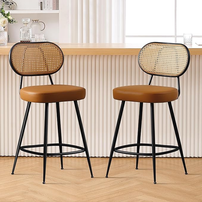 BFZ Counter Height Bar Stools Set of 2, 26" Seat Height Barstools with Rattan Back and Metal Legs, Upholstered Faux Leather Bar Chairs for Kitchen Island, Home Bar, Brown