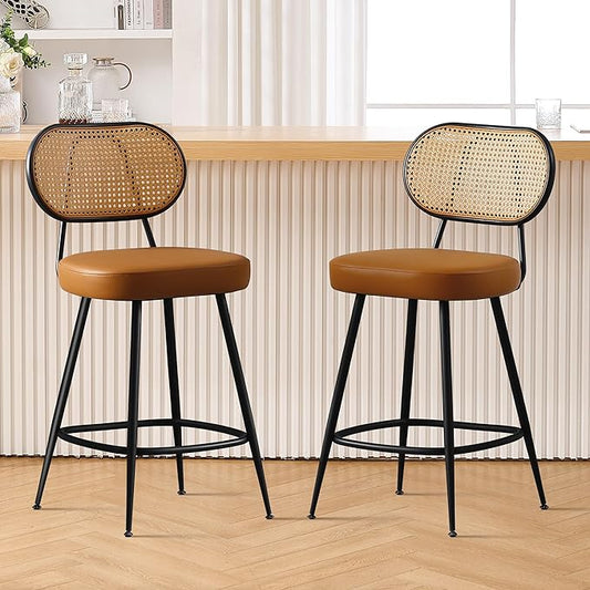 BFZ Counter Height Bar Stools Set of 2, 26" Seat Height Barstools with Rattan Back and Metal Legs, Upholstered Faux Leather Bar Chairs for Kitchen Island, Home Bar, Brown