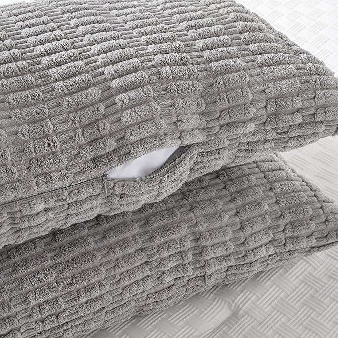 Fancy Homi 2 Packs Gray Long Lumbar Farmhouse Decorative Throw Pillow Covers 14x36 Inch for Bed Couch Bed Sofa, Rustic Boho Room Decor, Soft Striped Corduroy Rectangle Cushion Case 35x91 cm