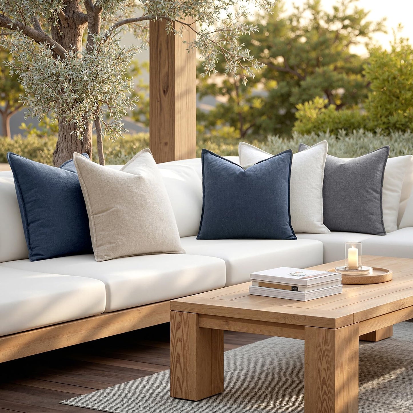 MIULEE Decorative Linen Pillow Covers 18x18 Inch Indigo Blue Boho FarmhouseNeutral Couch Throw Pillows for Bed Pack of 2 Accent Coastal Modern Pillowcase Summer Sofa Livingroom Home Decor