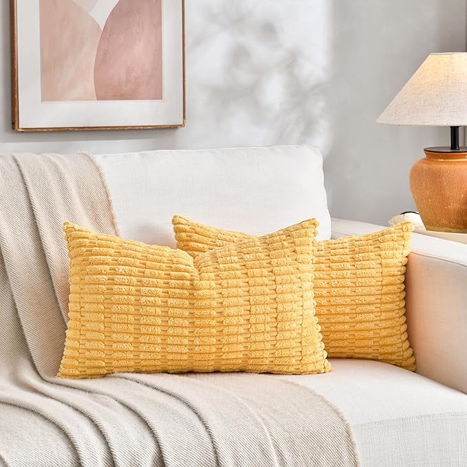 Fancy Homi Set of 4 Spring Lumbar Rectangle Decorative Throw Pillow Covers 12x20 Inch for Couch Bed Chair, Sage Green Yellow Room Decor, Soft Fuzzy Thick Corduroy Cute Textured Cushion Case 30x50cm