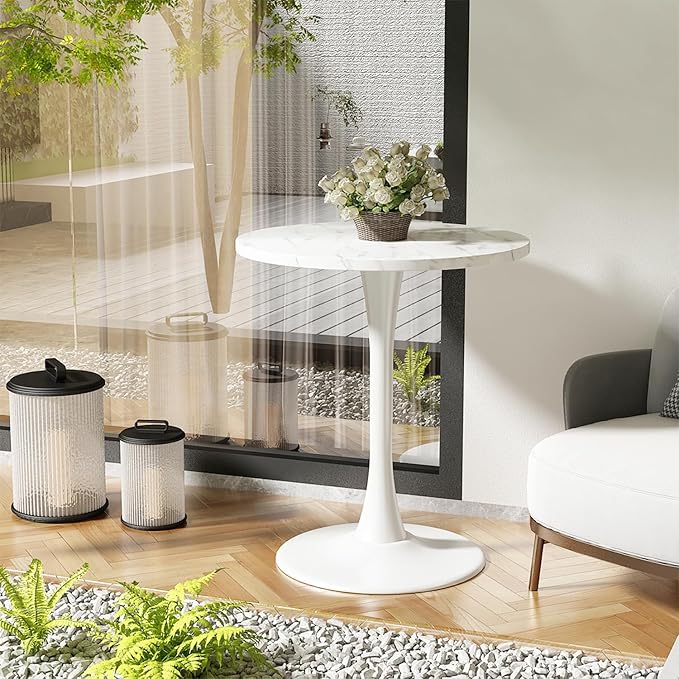 White Round Table Modern Dining Table Marble Texture Tulip Round Kitchen Table Mid Century Coffee Table for Living Room, 24 inch