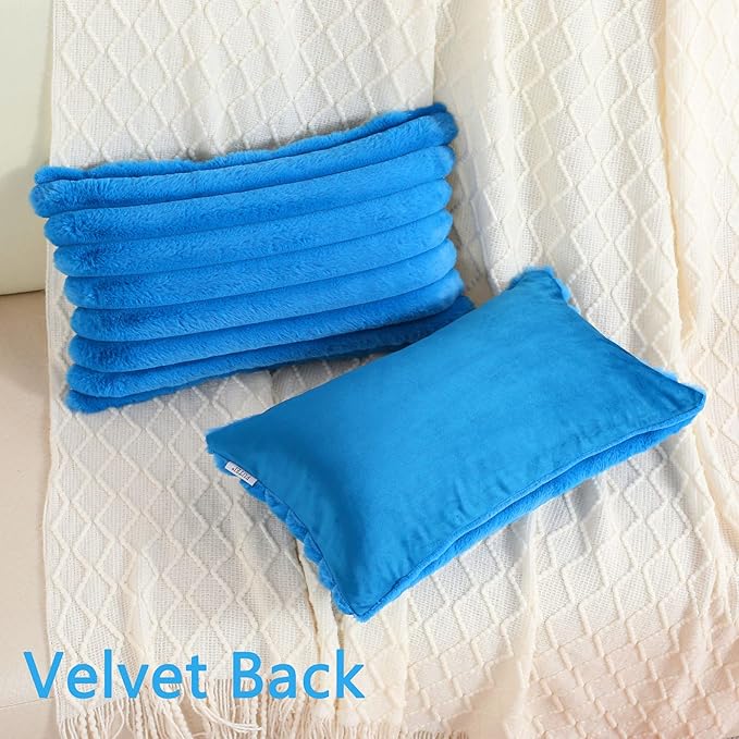 FUTEI Royal Blue Striped Decorative Throw Pillow Covers 12x20 Inch Set of 2,Rectangle Fall Decorations Couch Lumbar Pillowcase,Soft Cozy Faux Rabbit Fur & Velvet Back,Modern Home Decor for Bed