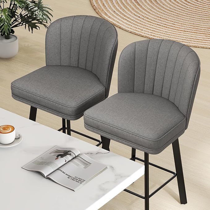 Swivel Counter Height Bar Stools Set of 4, 26'' Modern Barstools with Backs and Metal Legs, Upholstered Bar Chairs,Mid-Gray,Fabric Stools for Kitchen Island Chairs