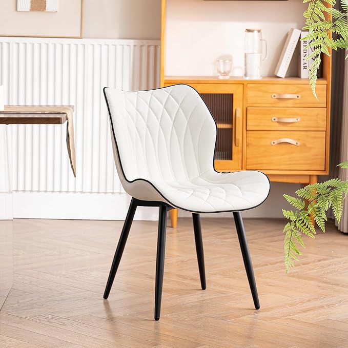 YOUNIKE Dining Chairs Set of 2, Upholstered Faux Leather Dining Room Chairs with Wide Curved Back and Adjustable Metal Legs, White