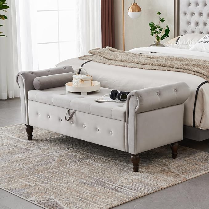 Modern Upholstered Storage Ottoman Bench, Velvet 63-inch Storage Bench with Rolled Arms for Bedroom End of Bed, Button-Tufted Ottoman with Storage for Living Room, Entryway, Gray