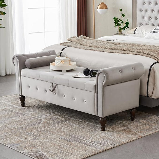 Modern Upholstered Storage Ottoman Bench, Velvet 63-inch Storage Bench with Rolled Arms for Bedroom End of Bed, Button-Tufted Ottoman with Storage for Living Room, Entryway, Gray