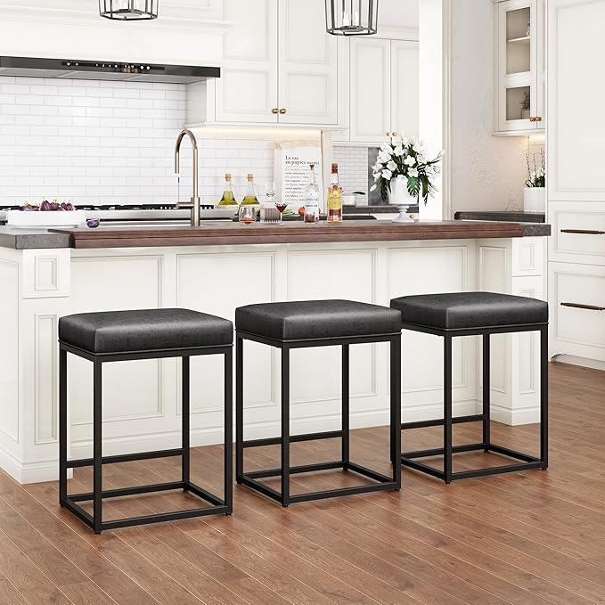 PHI VILLA Black Bar Stools Set of 3, Backless Leather Counter Height Chairs Kitchen Island Stools, 24 inch Barstools
