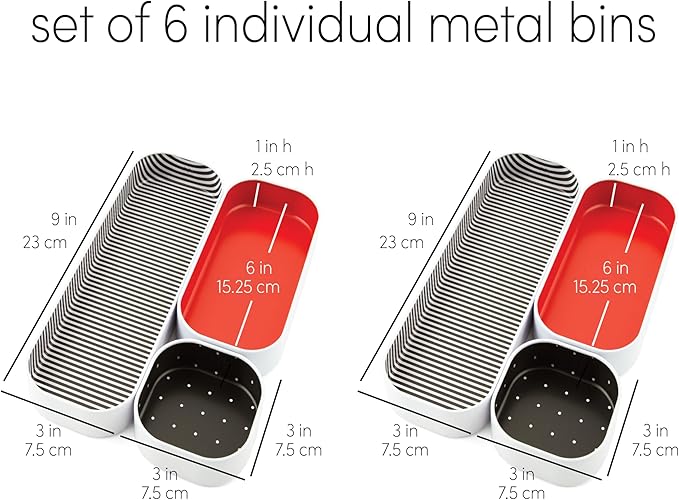 Three by Three Seattle 6 Piece Shallow Metal Organizer Tray Set for Storing Makeup, Stationery, Utensils, and More in Office Desk, Kitchen and Bathroom Drawers (1 Inch, Red Dots and Stripes)