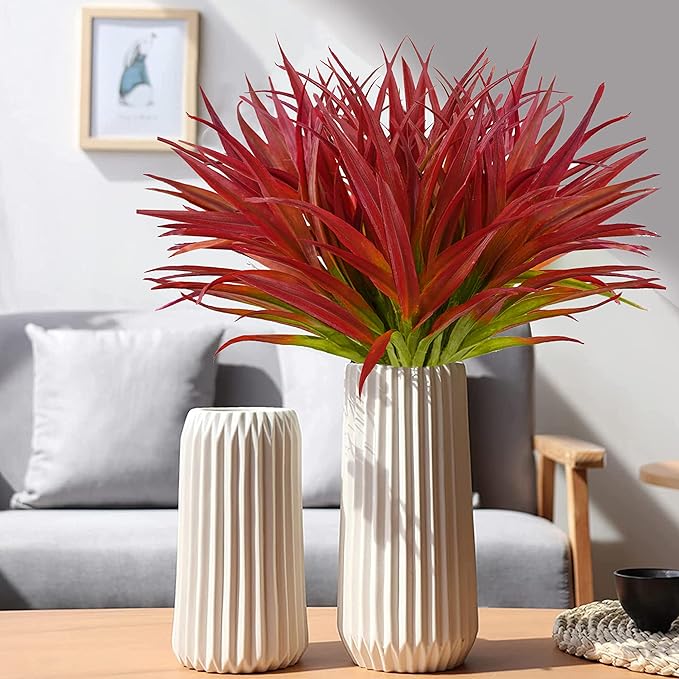 8 Pcs Outdoor Fake Plants UV Resistant Artificial Tall Grass Plants Faux Tropical Flowers Bushes Décor Fall Winter Summer Planters Patio Front Door Porch Plastic Greenery & Shrubs Decoration