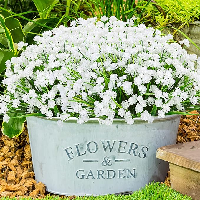 Ouddy Decor 24 Bundles Artificial Flowers for Outdoors UV Resistant Fake Plastic Plants Faux Boston Fern Greenery Stems for Spring Summer Indoor Garden Patio Window Box Kitchen Home Decor, White