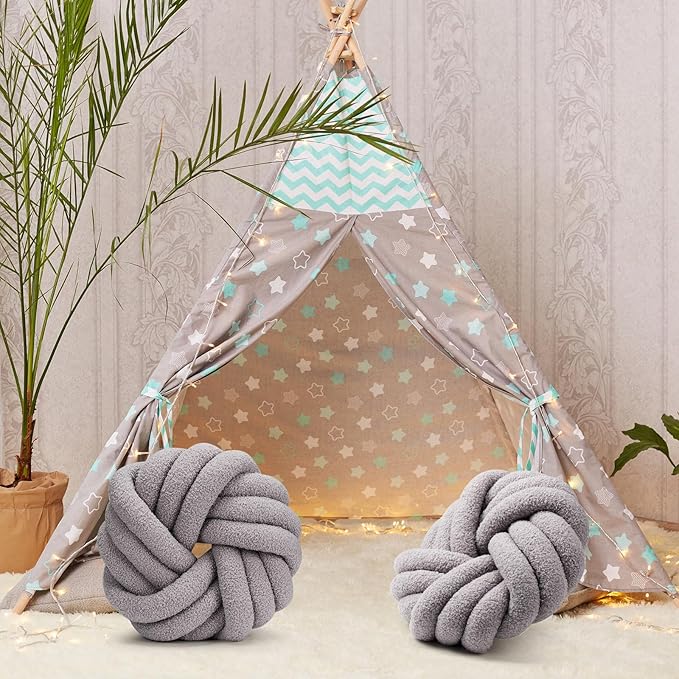 Marsui 2 Pieces Knot Ball Pillows 14 x 14 Inch Decorative Pillow for Couch Bedroom Plush Throw Knot Pillow Soft Handmade Chair Cushion for Living Room Car Decorations (Light Gray)