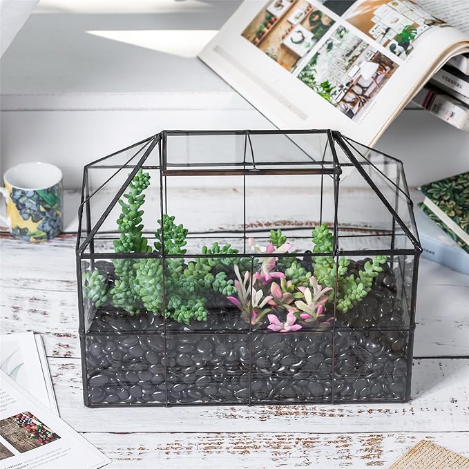 NCYP Glass Terrarium Planter with Lid for Small Succulent Cacti, Grid House Shape Black Geometric Terrarium Pot, Home Garden Indoor Tabletop Decor, 9.84" x 5.31" x 7.87" (No Plants)