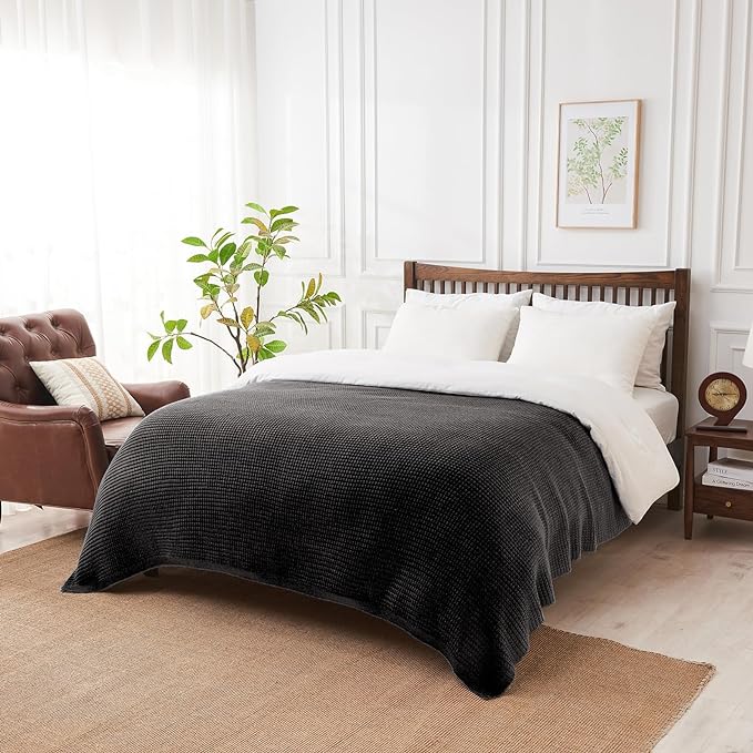 Douceur Black Throw Blanket for Bed, Soft Chunky Cable Knit Throw Blanket, Classic Fisherman's Rib Stitch Pattern Throw for Living Room Gift, 60"X80"