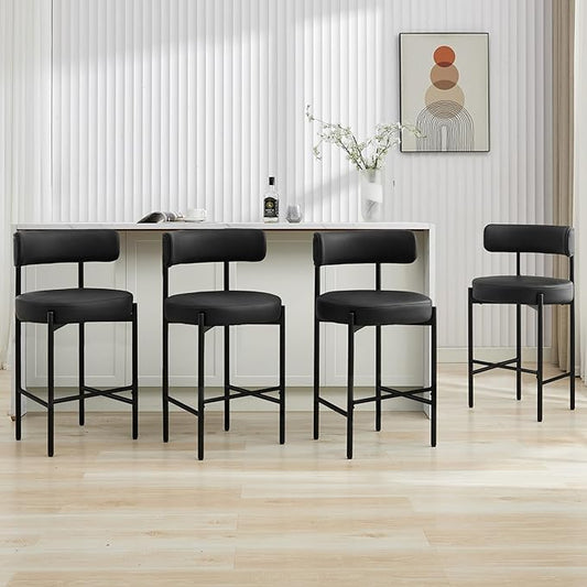 28'' Faux Leather Bar Stools Set of 4, Bar Height Stools for Kitchen Island, Black Barstools with Backs, Upholstered Counter Chairs (Vegan Leather, Black)