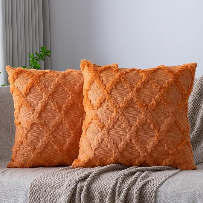 Set of 2 Soft Moroccan Throw Pillow Covers 16x16 Inch Plush Boho Decorative Pillow Cover Accent Cushion Case for Couch Sofa Bed, Orange