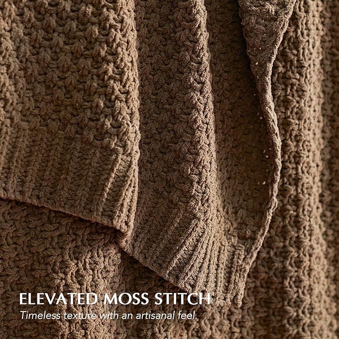 EVERGRACEHOME Chunky Chenille Knit Throw Blanket for Couch, Soft Luxurious Moss Stitch Blankets for Bed, Cozy Decorative Farmhouse Knitted Throws for Sofa, Camel Brown, 60" x 80"