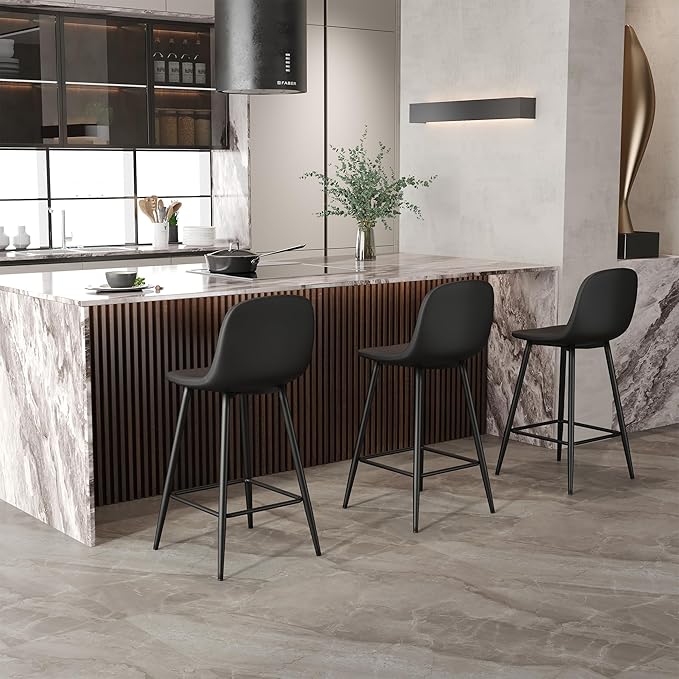 Black Bar Stools Set of 2,Faux Leather Counter Height Bar Stools,24.6" Bar Chairs with Back Metal Footrest,Modern Counter Stool with Back and Footrest for Kitchen Island Restaurants Pubs