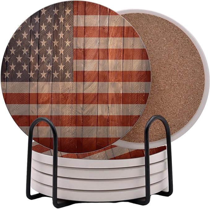 USA American Flag United States Round Coasters Set of 6 - Abosrbent Ceramic with Metal Stand for Drinks, Coffee, Non-Slip Cork Back for Tabletop Protection, 4 Inches (Wood)