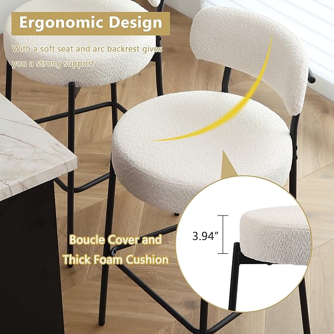 DYHOME Bar Stools Set of 3, White 28" Counter Height Bar Stools with Curved Back, Boucle Barstools with Metal Leg, Mid-Century Modern Bar Chairs for Kitchen Island, Dining Room